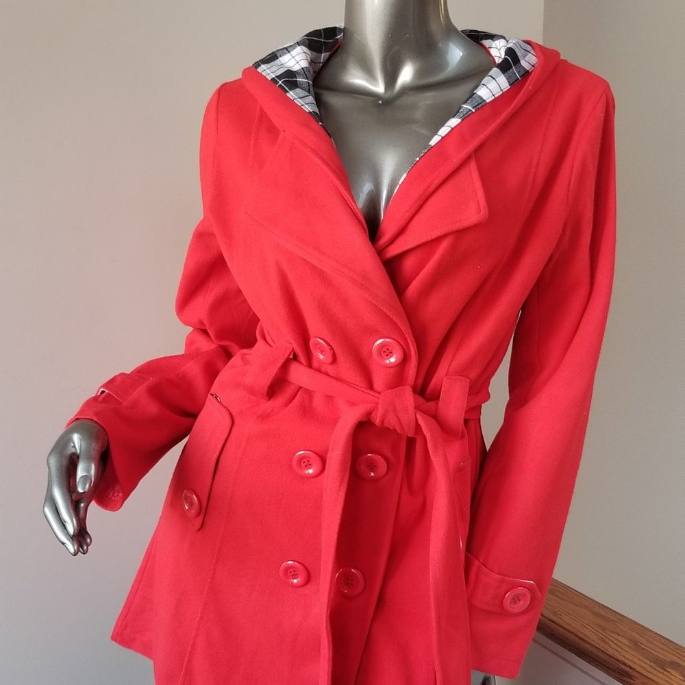 Hooded Red Fleece Trench Coat